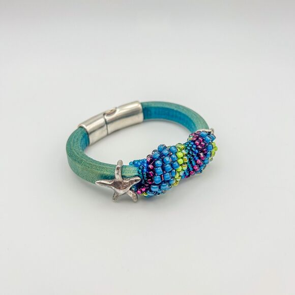 Leather Bracelet Partially Wrapped in Beads Nautical Theme Magnetic Closure - Picture 1 of 7